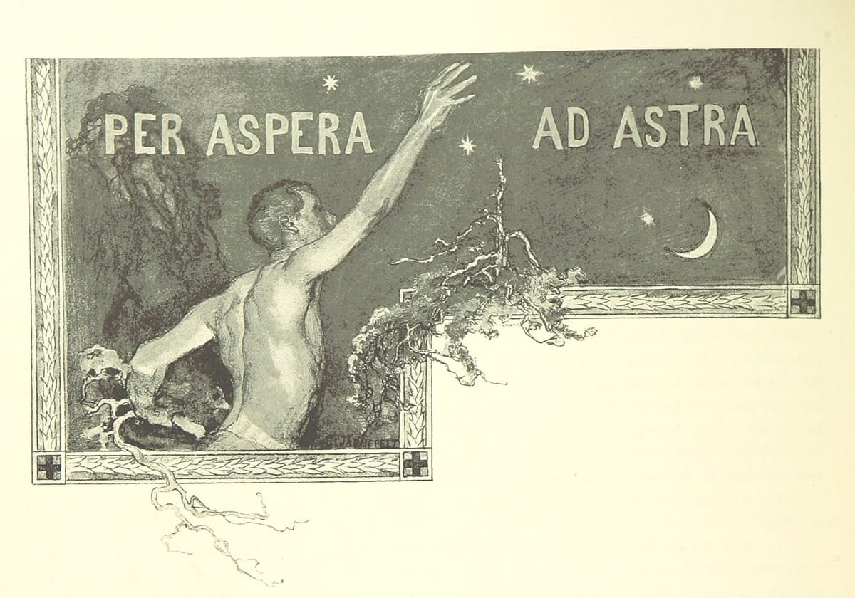 Illustration of man reaching up to night sky, with the Latin phrase "Per Aspera, Ad Astra" in background.